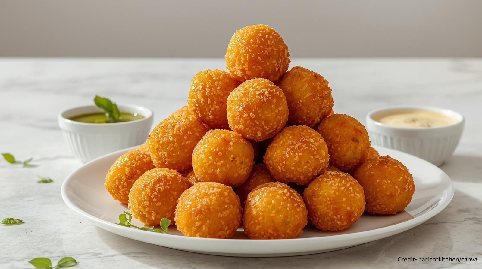 प्लेट में सलीके से सजी हुई कुरकुरी चीज़ कॉर्न बॉल्स की वास्तविक फोटो, साथ में हरी चटनी और मयो डिप”