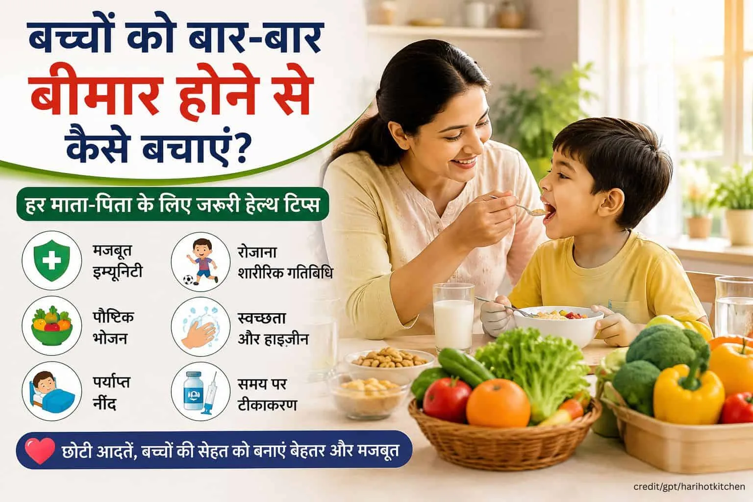 मां अपने छोटे बच्चे को हेल्दी खाना खिला रही है, साथ में ताजे फल और सब्जियां रखी हैं। पोस्टर में बच्चों को बार-बार बीमार होने से बचाने के लिए इम्यूनिटी, पौष्टिक भोजन, स्वच्छता, नींद और टीकाकरण जैसे हेल्थ टिप्स बताए गए हैं।