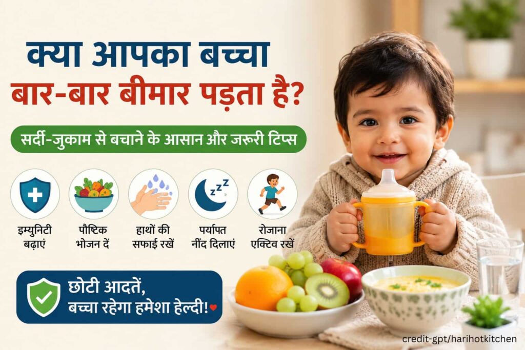 सर्दी-जुकाम से बचाव के उपाय दिखाती हुई तस्वीर, जिसमें एक छोटा बच्चा पौष्टिक भोजन, फलों और हेल्दी आदतों के साथ दिखाई दे रहा है।