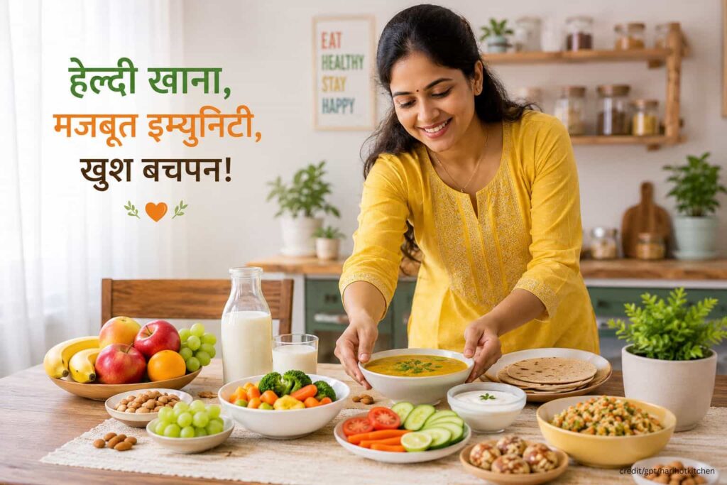 महिला रसोई में बच्चों और परिवार के लिए हेल्दी खाना तैयार करती हुई, टेबल पर फल, दूध, सब्जियां, दाल और पौष्टिक भोजन रखा हुआ है। इमेज स्वस्थ भोजन और मजबूत इम्यूनिटी का संदेश देती है।