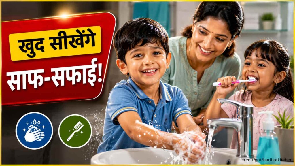 Children Showing Hygiene Tips With Mom