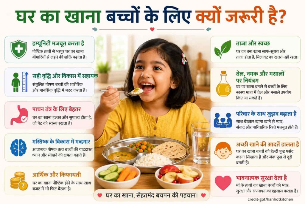 घर का खाना बच्चों के लिए क्यों जरूरी है, इसके स्वास्थ्य लाभ दिखाता इन्फोग्राफिक जिसमें पोषण, इम्यूनिटी और विकास के फायदे बताए गए हैं