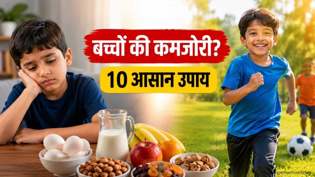कमजोर और स्वस्थ बच्चे की तुलना, जिसमें पौष्टिक भोजन, दूध, अंडे, फल और आउटडोर खेलकूद के माध्यम से बच्चों की शारीरिक कमजोरी दूर करने के उपाय दर्शाए गए हैं।